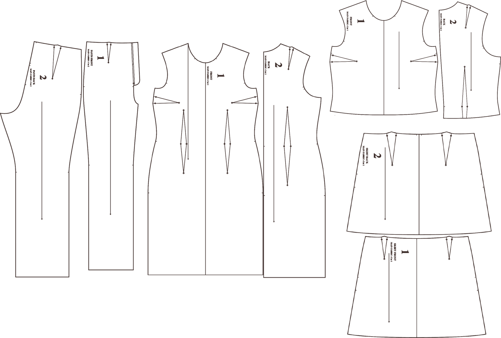 Technical flat pattern blocks for trousers, a dress, a top and a skirt